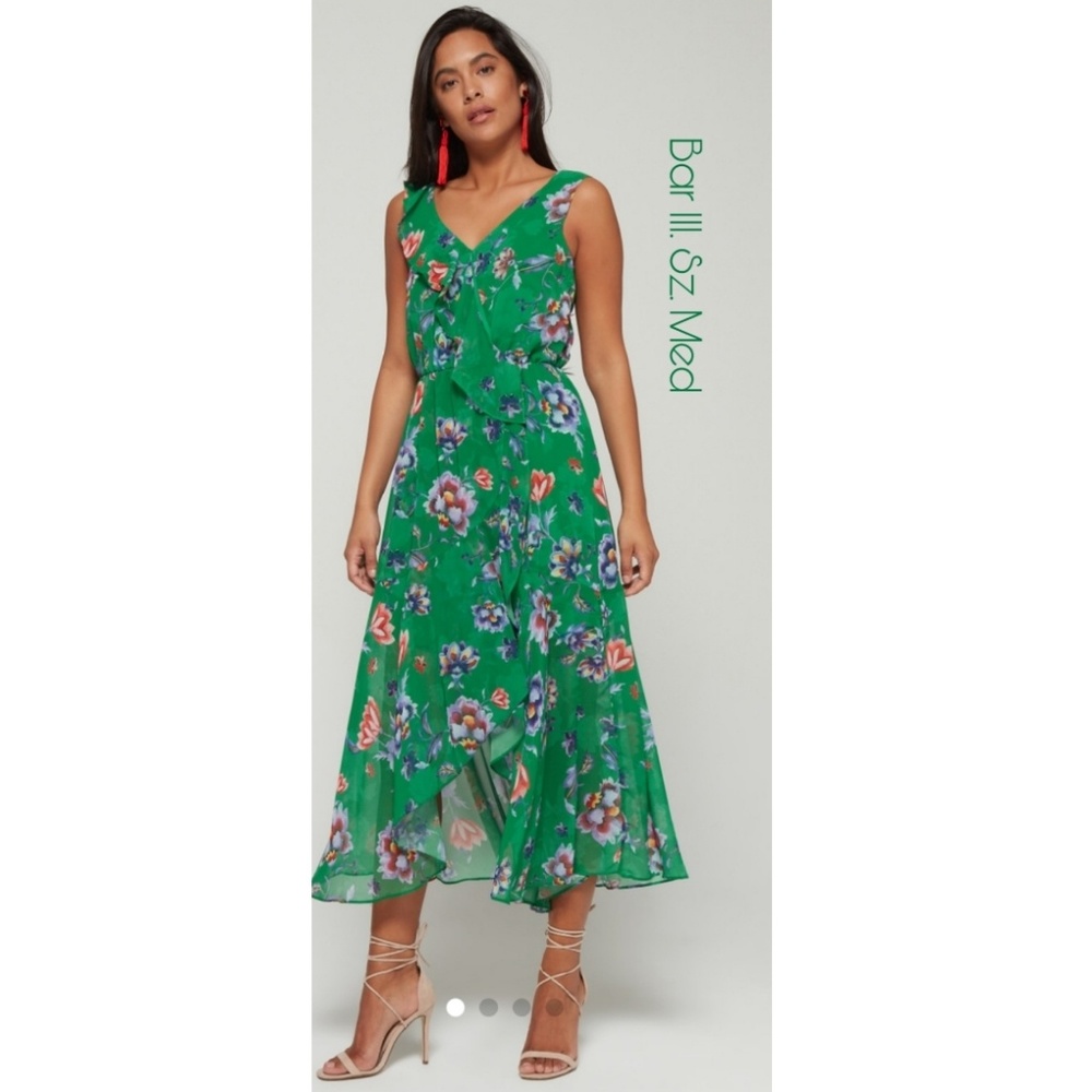 Bar lll Floral-Print Ruffle Trim Midi Dress. Sz M. NWT